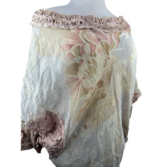 Emamo Silk Floral Sheer Tunic Blouse M Coquette Cottage Romantic Peasant Boho - Picture 10 of 16